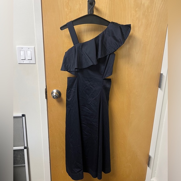 NWT VERONICA BEARD NAVY BEILLA ONE SHOULDER RUFFLE DRESS! SIZE 4! - Picture 2 of 6